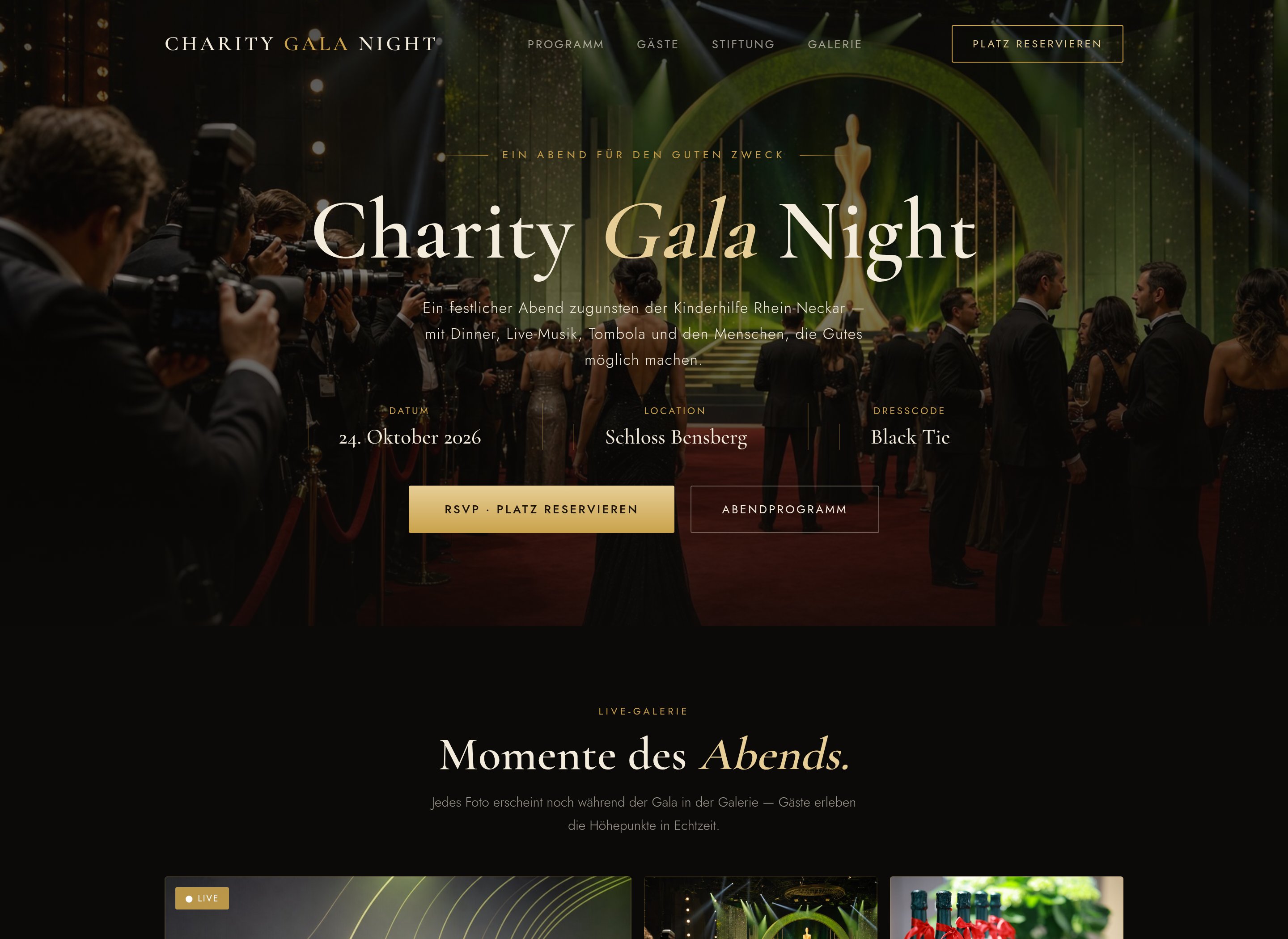 Beispiel-Event-Seite für eine Gala: elegantes, dunkles Design mit Gold-Akzent, RSVP-Reservierung und Live-Foto-Galerie