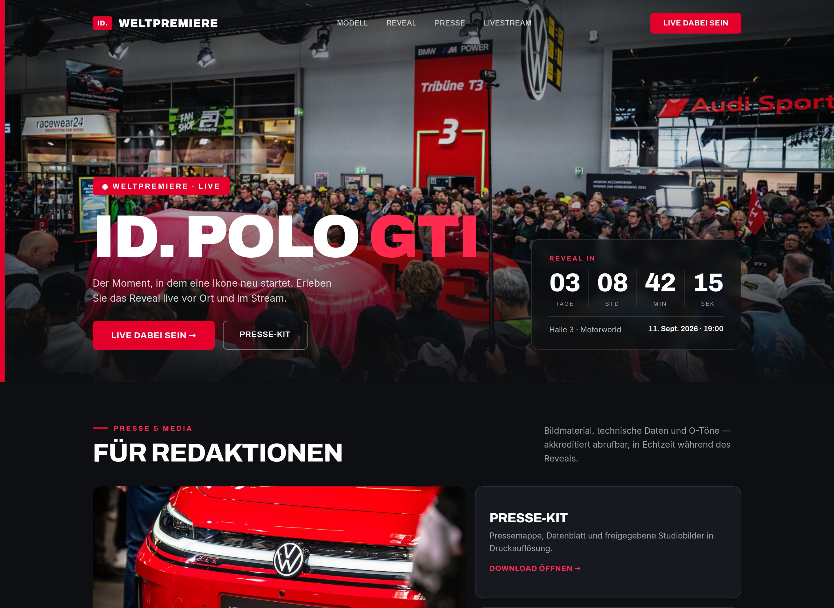 Beispiel-Microsite für einen Produkt-Launch: bold gestaltetes Reveal-Hero mit Countdown, Presse- und Media-Bereich sowie Live-Galerie