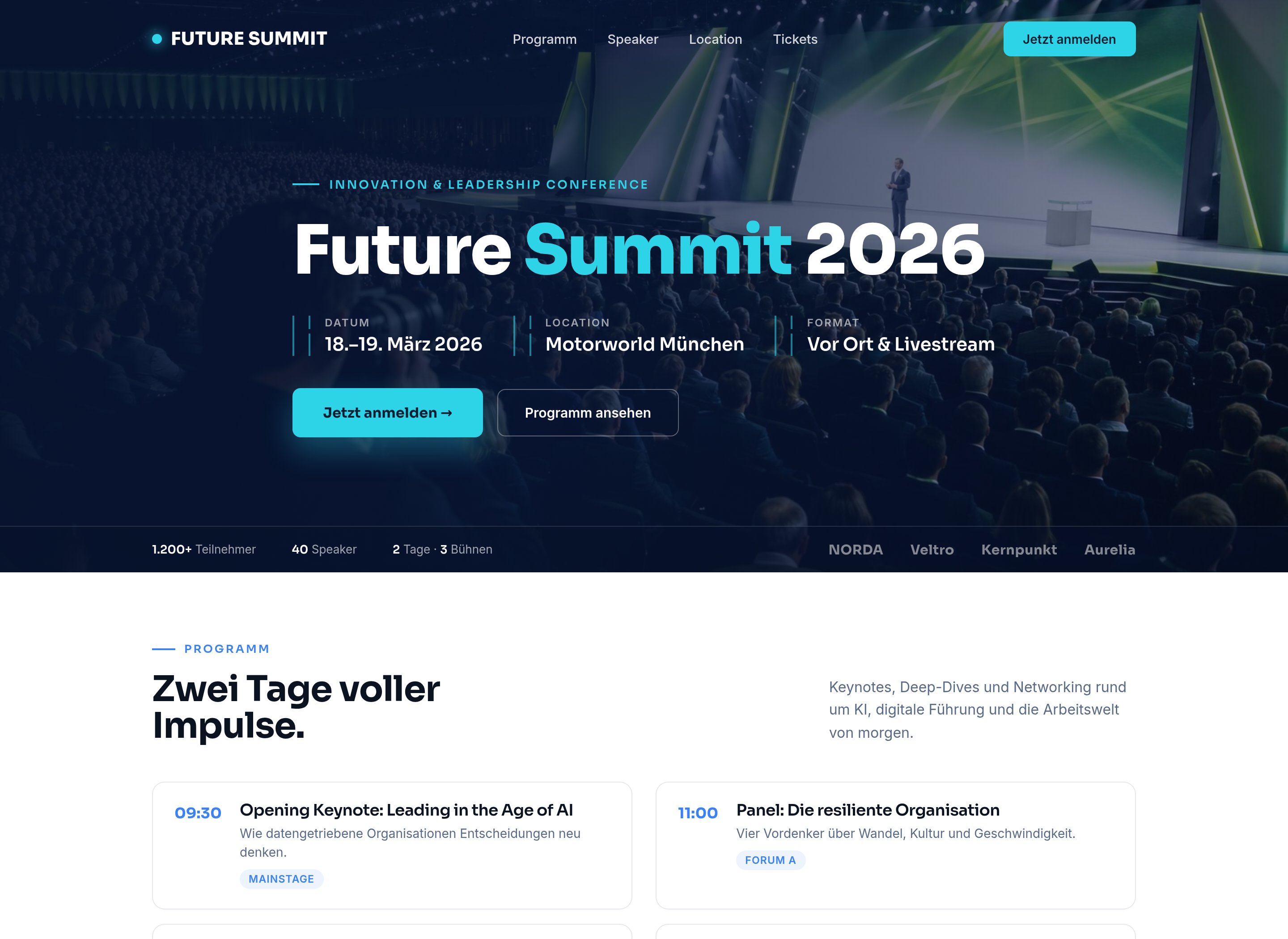 Beispiel-Microsite für einen Kongress: Hero mit Titel, Datum und Location, Programm-Agenda, Speaker-Kacheln und Live-Galerie